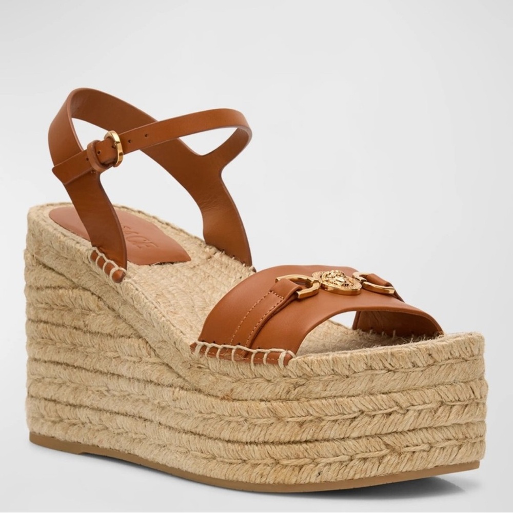 Versace Tan Leather Espadrille Platform Wedge Sandals with Gold Medusa Hardware